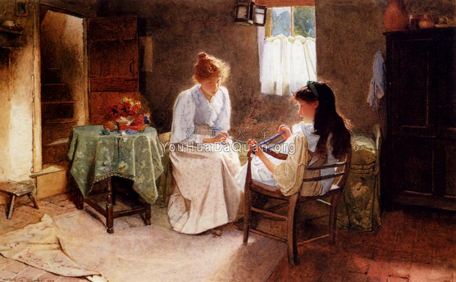 Two Girls In An Interior Winding A Skein Of Wool - 卡尔顿·阿尔弗雷德·史密斯
